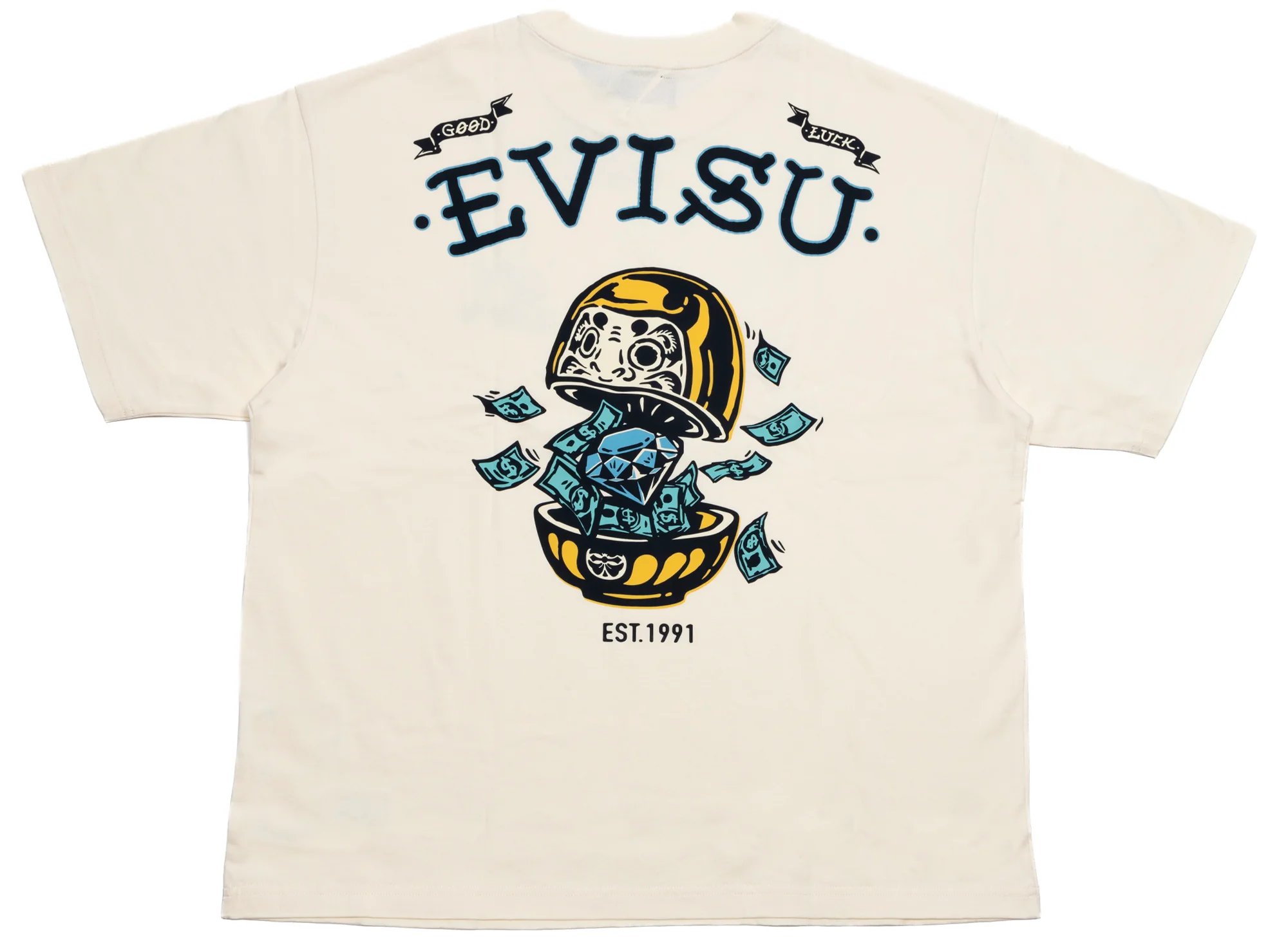 Evisu Diamond Daruma Print Loose Fit T-Shirt in Cream - Image 2