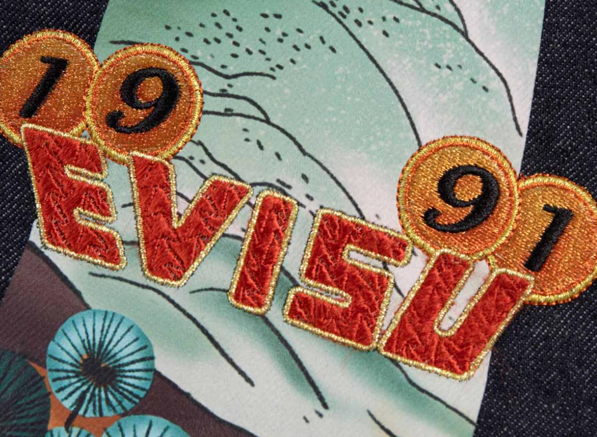 Evisu Pine Pattern Daicock Print Embroidered Wide Leg Denim Jeans - Image 3