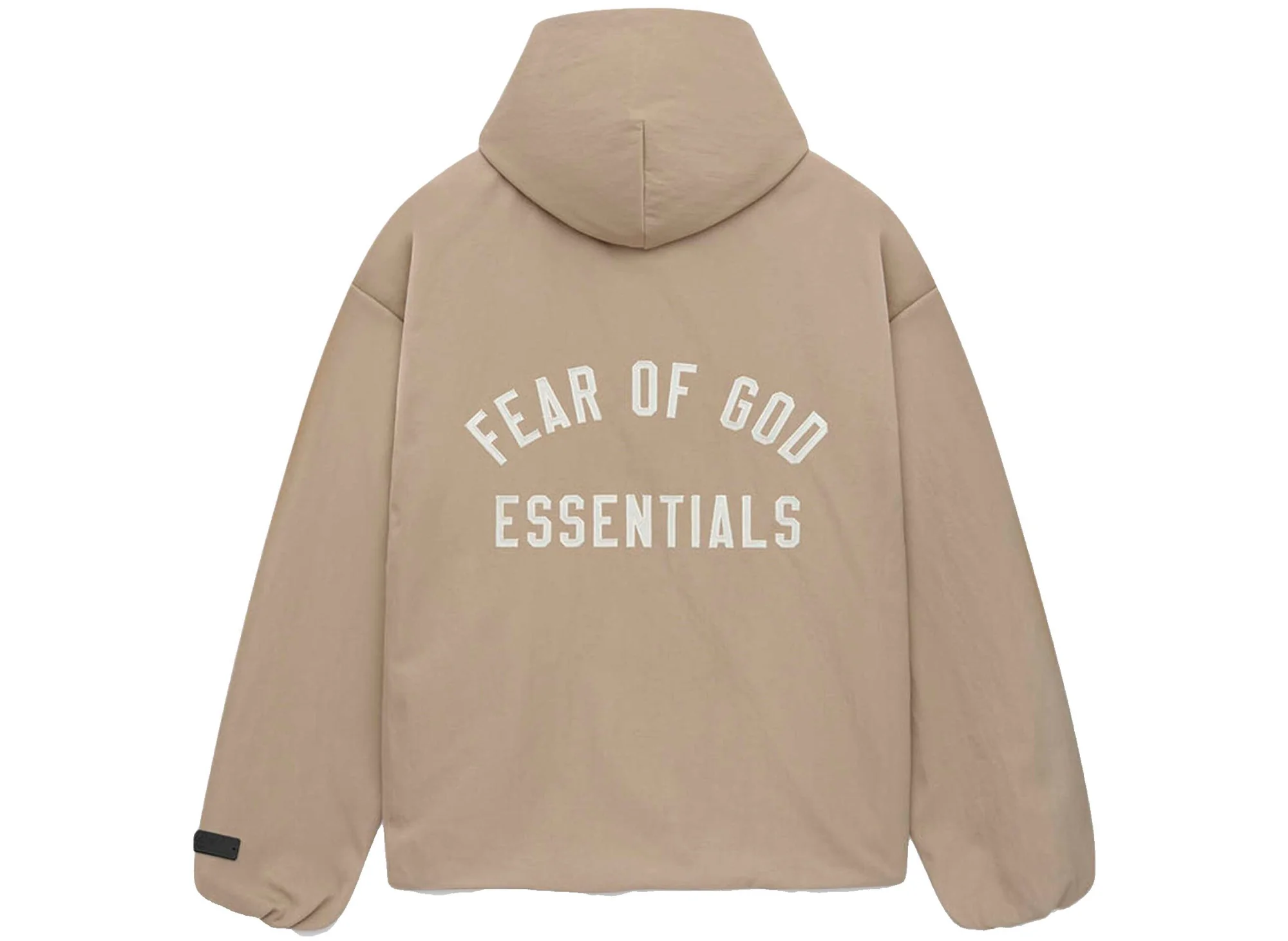 Fear of God Essentials Textured Nylon Hooded Coaches Jacket in Desert Sand - Image 2