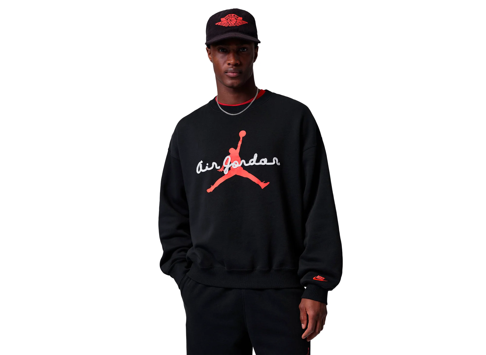 Jordan Brooklyn Fleece Crewneck Sweatshirt in Black / Infrared 23 - Image 2