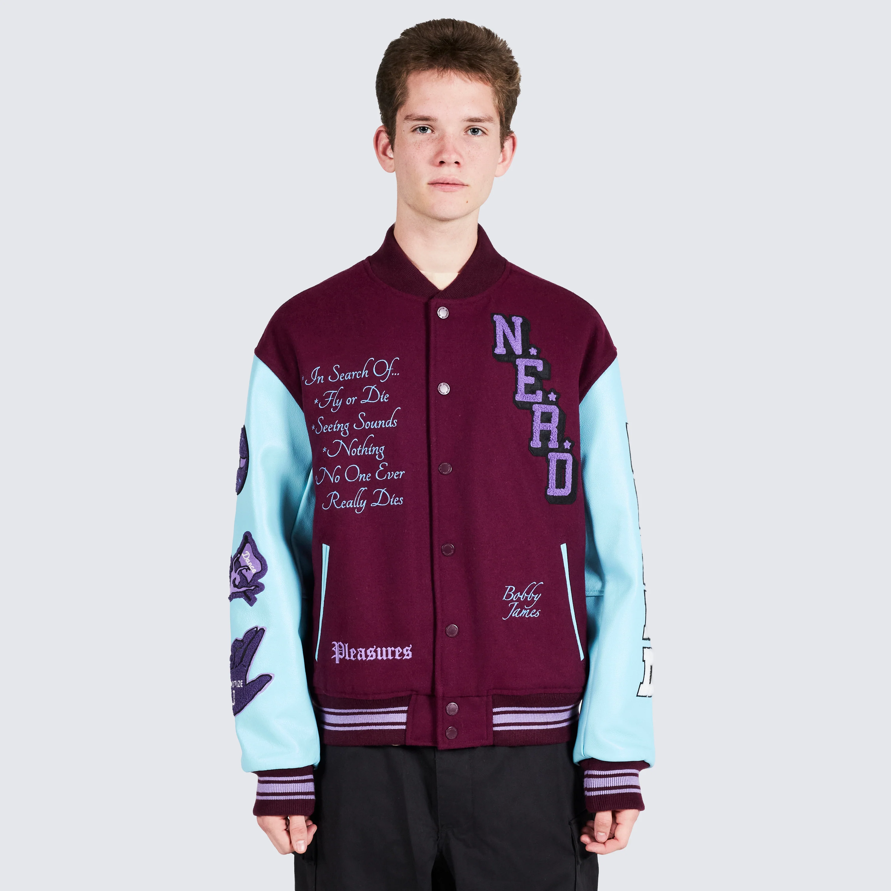 Pleasures NERD Varsity Jacket in Purple - Image 3