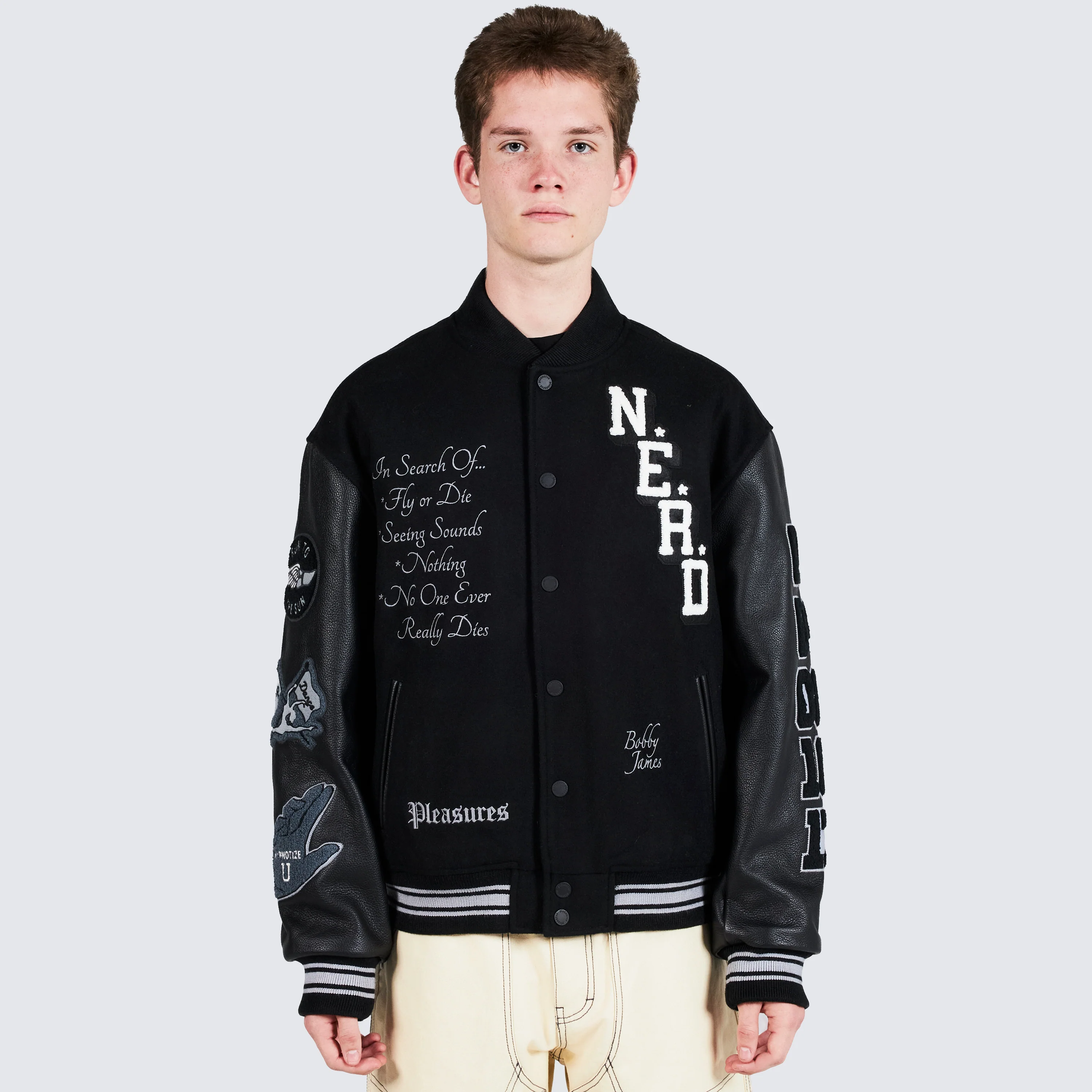 Pleasures NERD Varsity Jacket in Black - Image 3