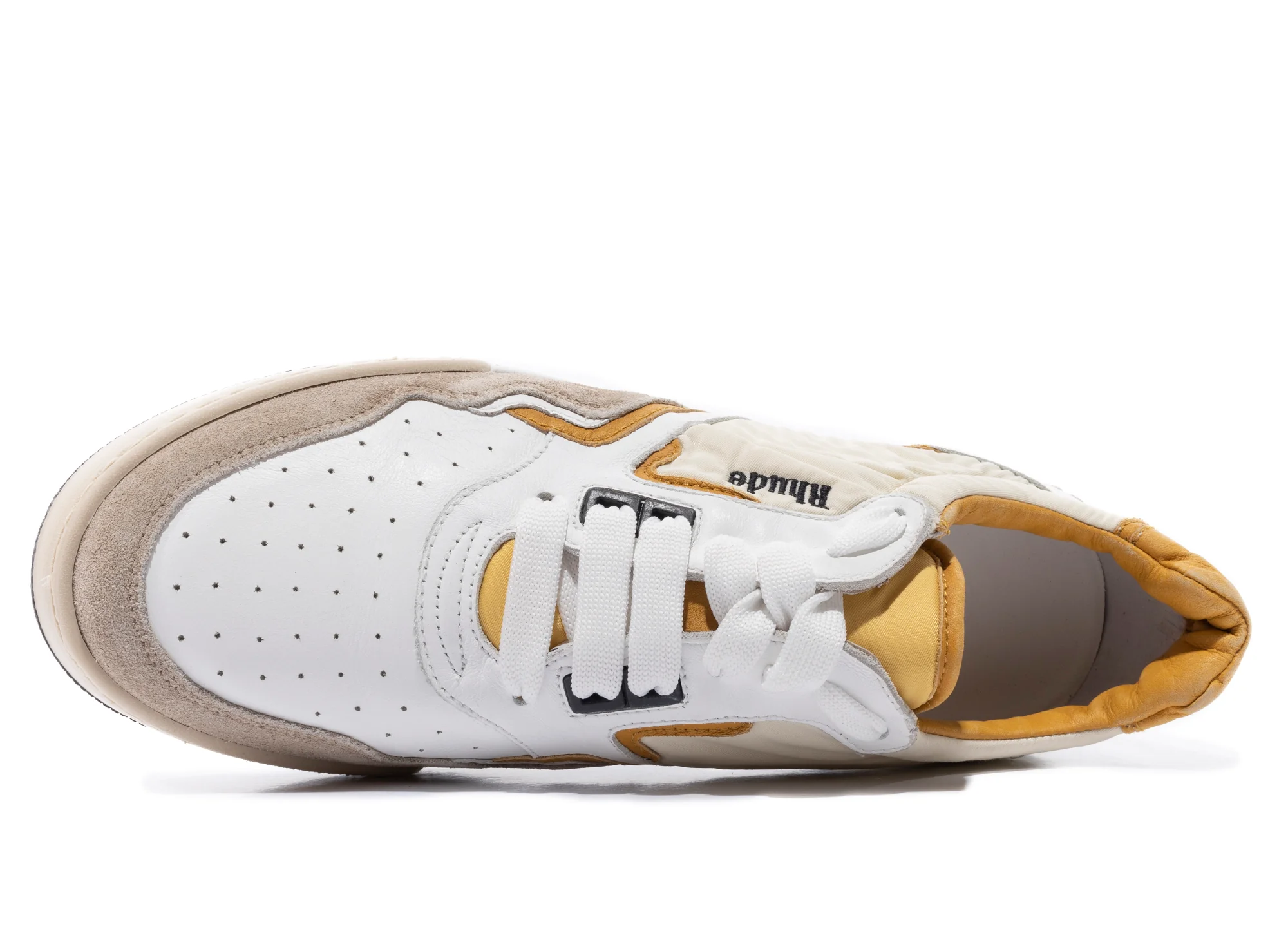 Rhude Racing Sneaker in White / Mustard / Beige - Image 4